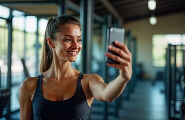 Fototapeta premium Woman takes selfie in gym. Happy woman in sports bra takes self-portrait with smartphone. Indoor sport recreation. Healthy lifestyle. Tech use for social media. Gym environment. Female athlete.