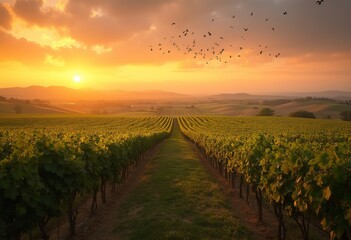 Naklejka premium A vast vineyard with rows of grape vines stretching out under a dramatic orange and yellow sunset sky, no people