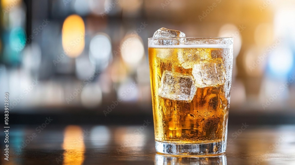 Poster Refreshing Glass of Soda with Ice Cubes on Bar Counter Against a Blurred Background in a Cozy Bar Atmosphere Perfect for Stock Photo Needs