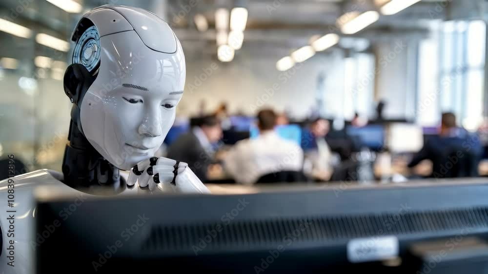 Poster a humanoid robot interacts with a computer in a modern office environment.