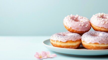brunch poppy seed. A plate of pink-frosted donuts sprinkled with white pearls, elegantly arranged, with a delicate flower nearby on a soft blue background.