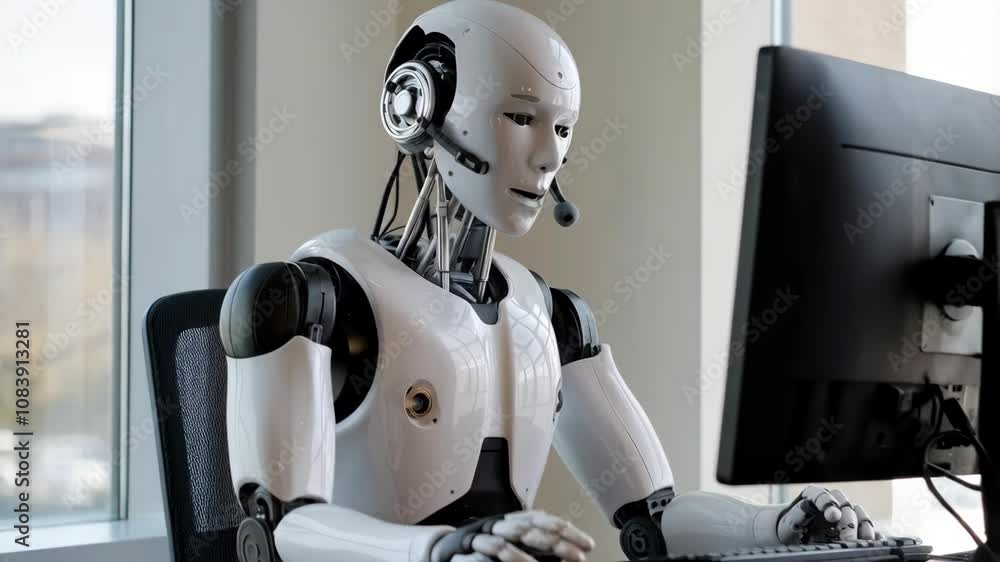 Poster a humanoid robot with a headset working at a computer desk in a modern office setting.