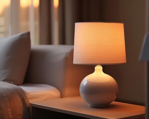 A simple, white table lamp on a nightstand casting a warm glow