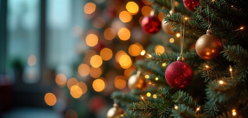 Festive decorated Christmas tree with red, gold ornaments. Warm golden lights create beautiful bokeh effect. Blurry background suggests cozy Christmas setting. Winter scene shows holiday spirit.