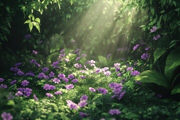 Obraz premium Serene Forest with Purple Flowers and Sunlight Rays