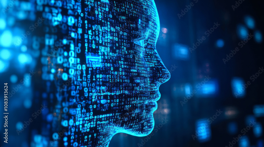 Poster digital representation of a human head with a binary code overlay in a futuristic setting