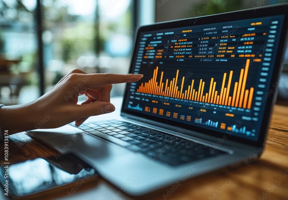 Aufkleber here's a possible and keyword list for your stock photo.. woman analyzing financial data on laptop.