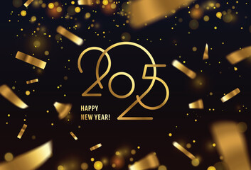 Golden 2025 logo text design on black background. Vector stylish elegant modern minimalistic text with numbers. Concept design. Christmas background with stars, snow, confetti. Happy New Year.