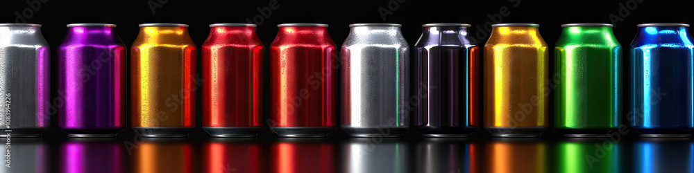 Aufkleber bubbly array: a row of shiny soda cans in various colors, reflecting the light.