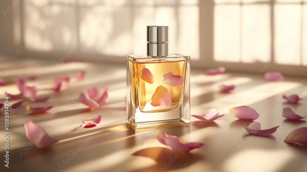 Poster elegant glass perfume bottle surrounded by petals under soft natural light creating a serene and ref