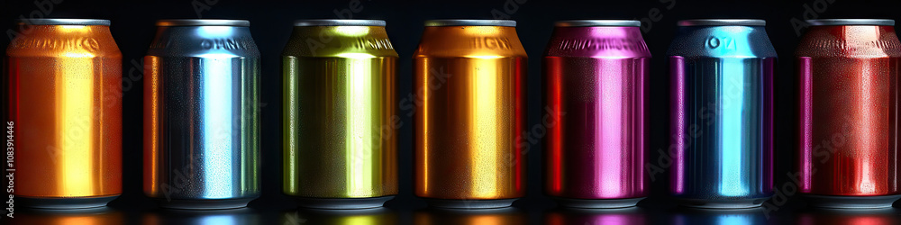 Aufkleber bubbly array: a row of shiny soda cans in various colors, reflecting the light.