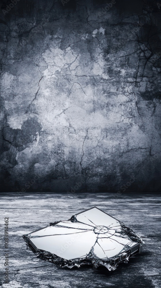 Poster a broken mirror rests on a cracked surface, evoking themes of reflection and fragility.