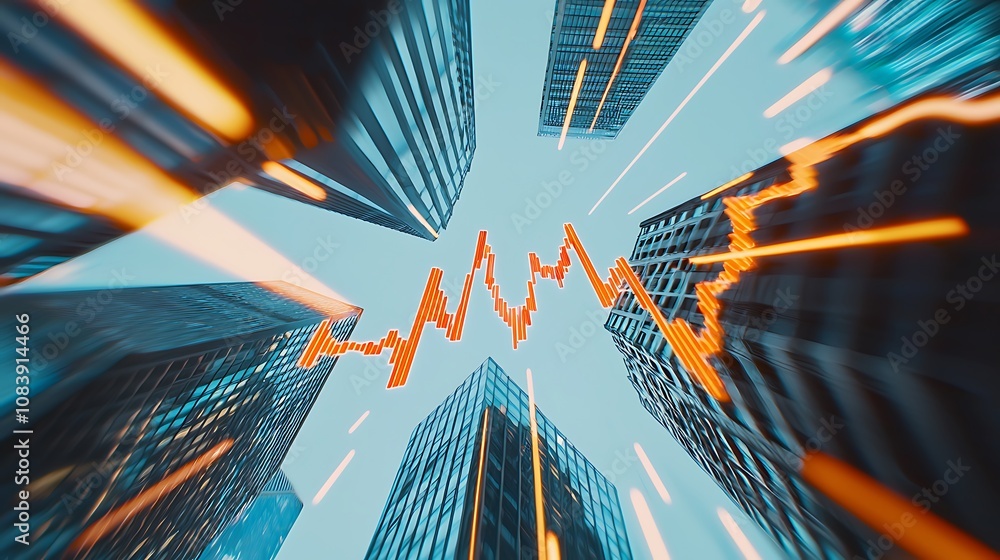 Poster dynamic cityscape with financial graph and skyscrapers