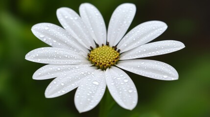 Fototapeta premium Fresh White Flower with Dew Drops on Petals, Showcasing Nature’s Beauty and Delicate Details in a Lush Green Background