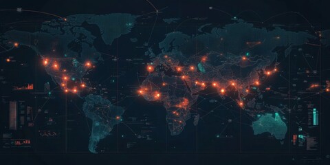 Obraz premium Minimalist digital map with major tech hubs connected,space for text