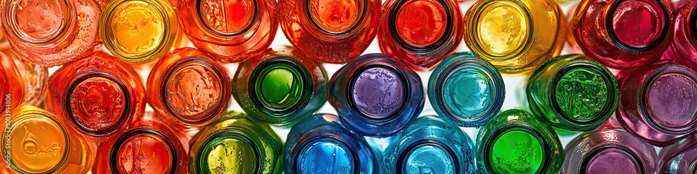 Poster soda symphony: an artistic arrangement of open soda bottles, creating a colorful pattern.