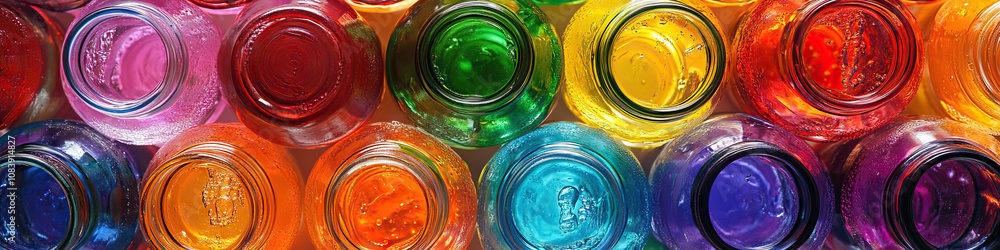 Poster soda symphony: an artistic arrangement of open soda bottles, creating a colorful pattern.