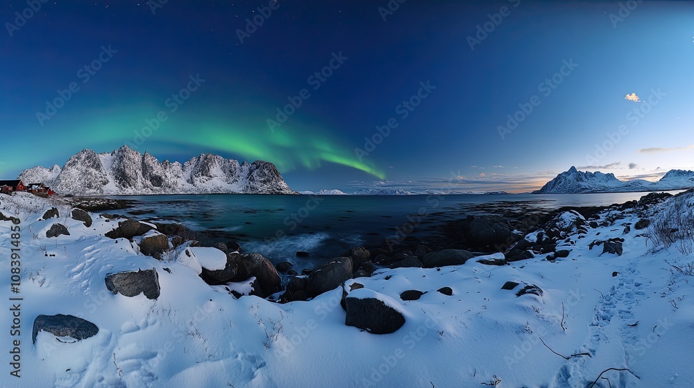 Poster here's a possible and keyword list for your stock photo.. panoramic view of aurora borealis over sno