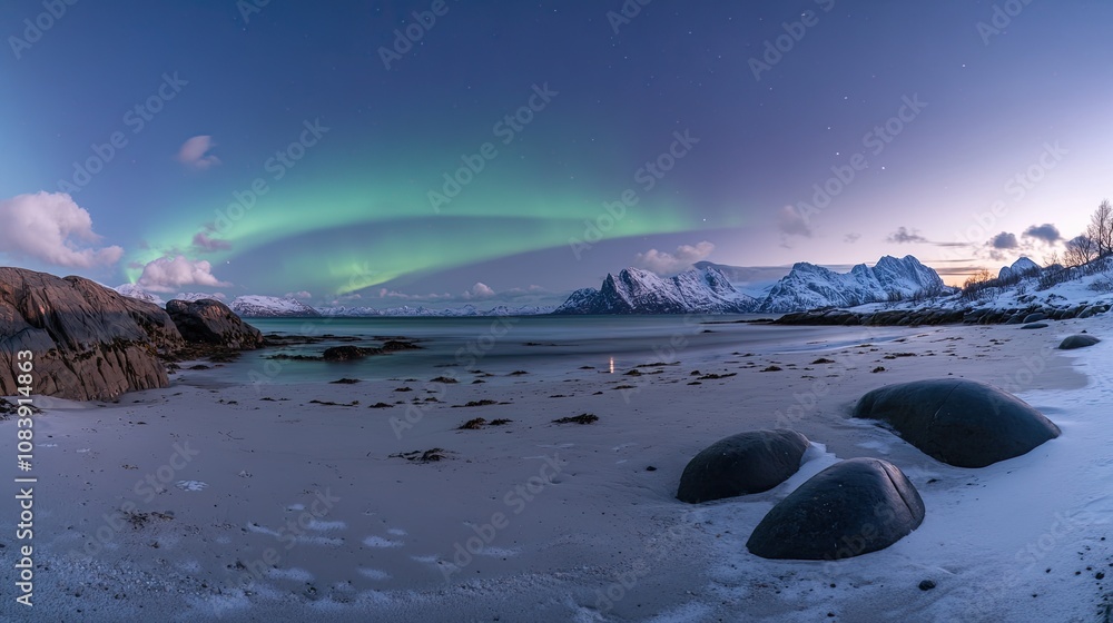 Aufkleber here's a description and keywords for your stock photo.. panoramic view of aurora borealis over a tr