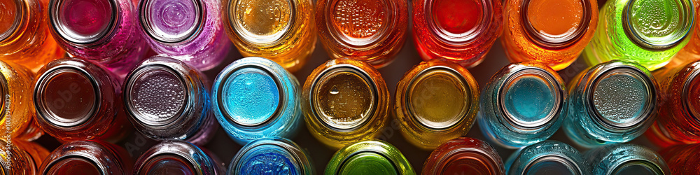 Aufkleber soda symphony: an artistic arrangement of open soda bottles, creating a colorful pattern.