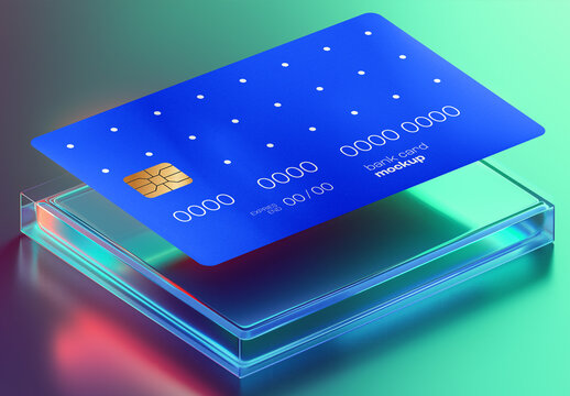 Bank Card Mockup &ndash; Realistic Blue Chip Card on Glass Block with Neon Lighting for Fintech Branding and Payment Design Presentations
