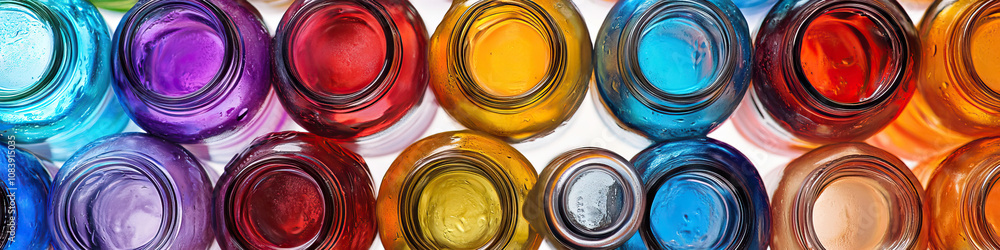 Poster soda symphony: an artistic arrangement of open soda bottles, creating a colorful pattern.