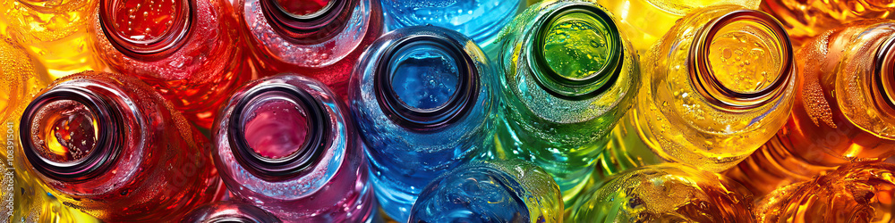 Aufkleber soda symphony: an artistic arrangement of open soda bottles, creating a colorful pattern.
