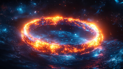 Obraz premium A glowing orange cosmic ring surrounded by vibrant energy waves in a dark space environment