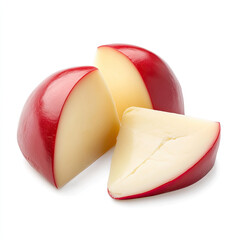 a round ball of red wax-coated cheese cut into sections