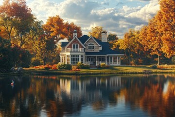 Obraz premium Serene Autumn Landscape with Cozy House and Lake