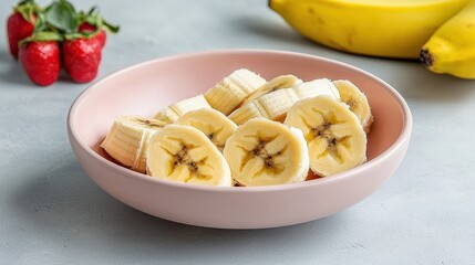 Freshly Sliced Bananas in a Pink Bowl Surrounded by Ripe Strawberries and Bananas with a Soft Blur Background Ideal for Healthy Eating Concept