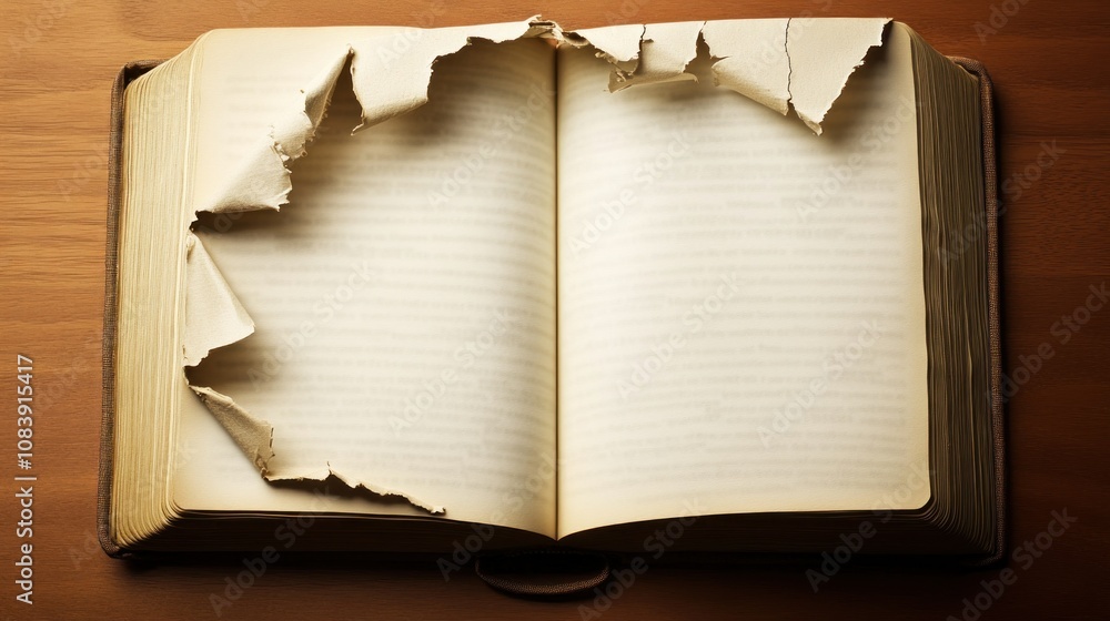 Aufkleber an open book with torn pages, creating a unique visual effect.