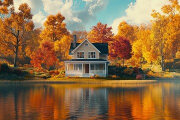 Fototapeta premium Tranquil Autumn Home by the Lake
