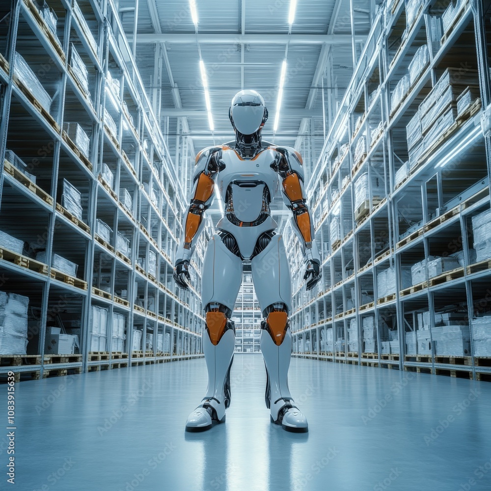 Poster futuristic robot in a warehouse setting showcasing advanced technology and automation