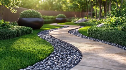 Obraz premium Serene garden pathway with lush greenery and decorative stones.