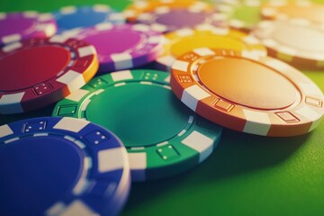 Naklejka premium Colorful Casino Chips Arrangement on Green Felt