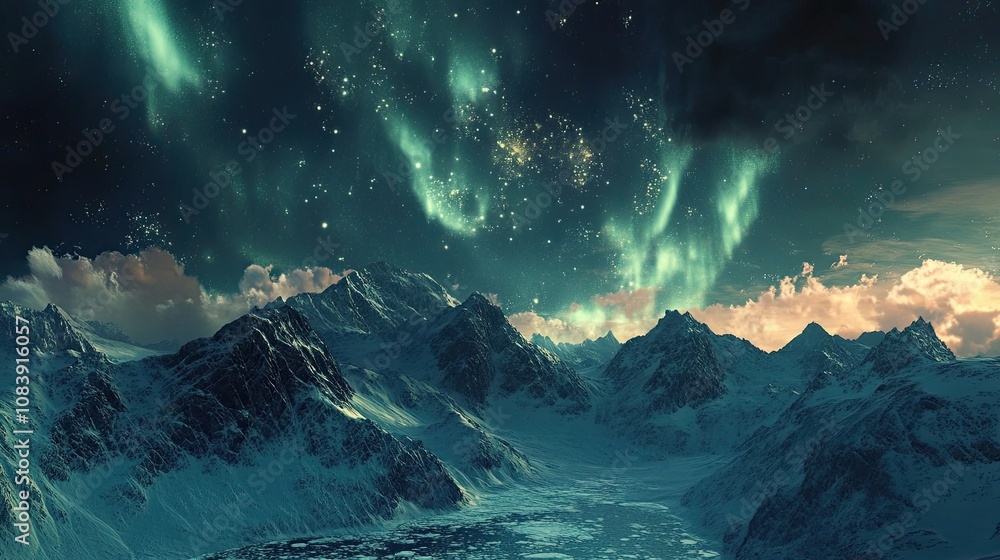 Poster here's a description and keywords for your image.. majestic aurora borealis illuminates snow-capped 