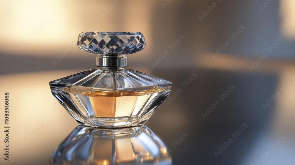Poster elegant glass perfume bottle with soft light reflection on a surface, capturing the essence of luxur