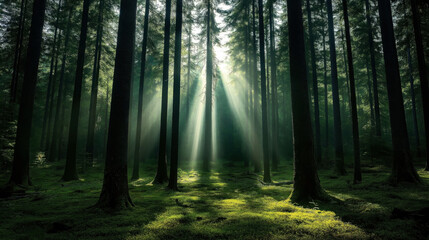 Obraz premium Sunlight streaming through tall trees in a dense green forest with lush undergrowth, creating a serene and tranquil atmosphere with dramatic light and shadows.