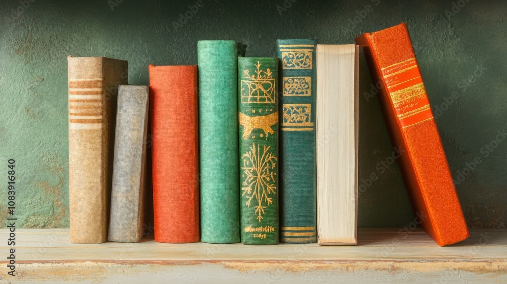 Poster a collection of colorful books arranged on a shelf against a textured background.