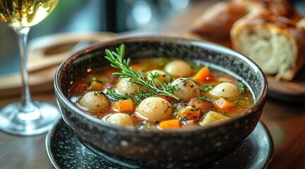 Delicious hearty stew with vegetables, herbs, and bread.