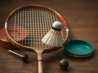 Badminton racket with shuttlecock. The wood grain details on the handle and the shuttlecock at the tip are clear. Looks classic and ready to use.