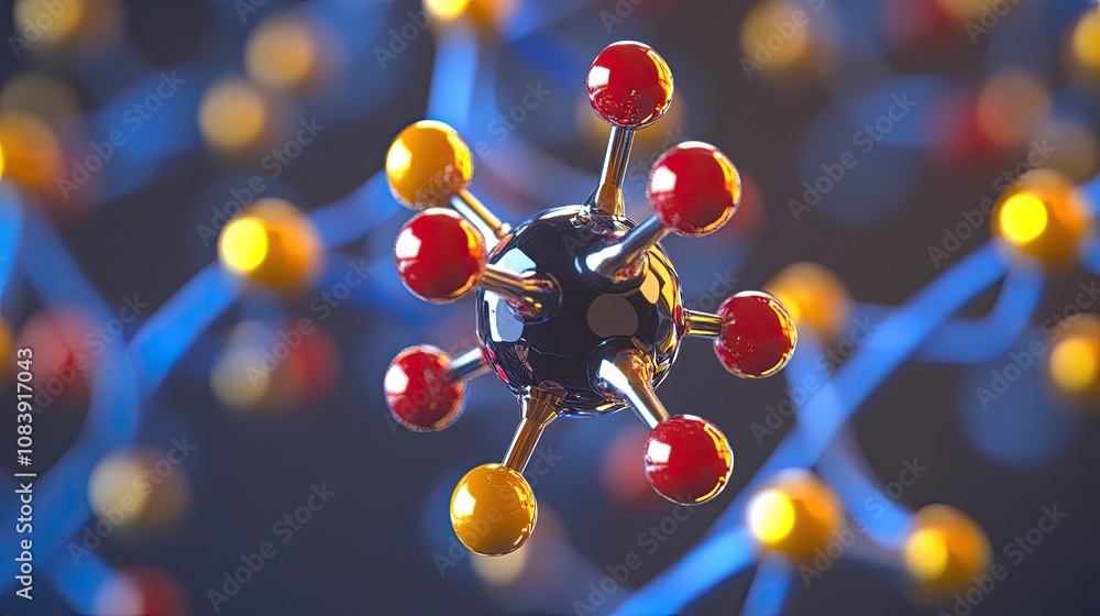 Poster 3d render of a molecule with red and yellow atoms connected to a central black atom, set against a b