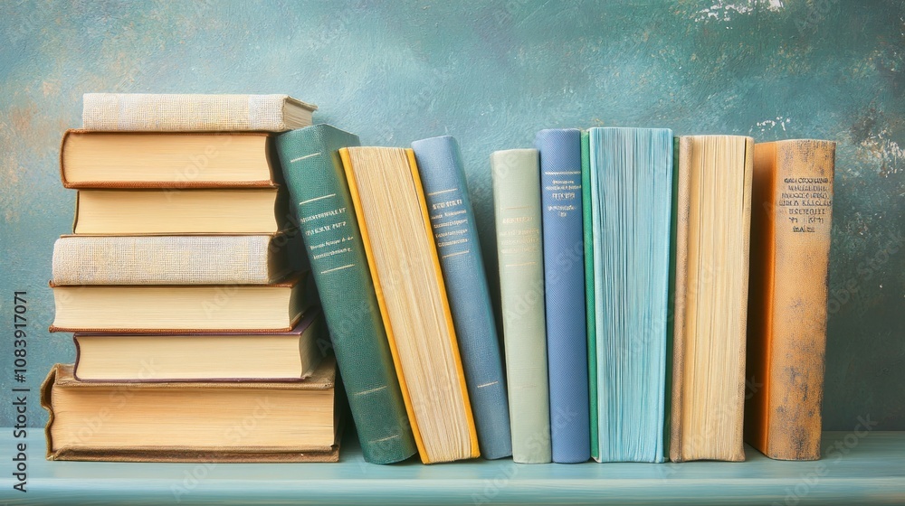 Poster a collection of colorful books stacked and arranged on a shelf against a textured background.