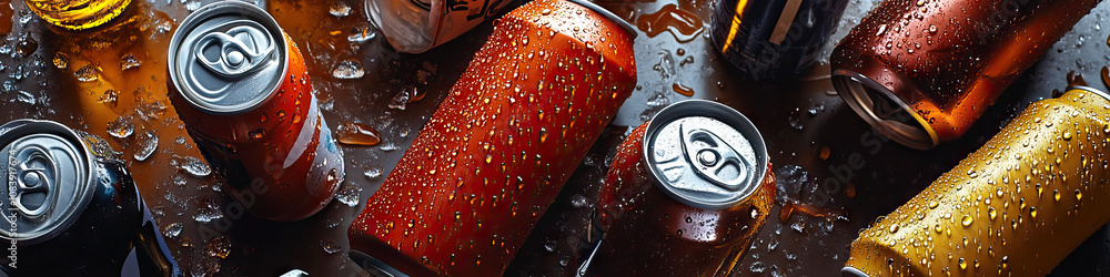 Aufkleber fizzy fun: a playful array of soda cans and bottles scattered on a table.