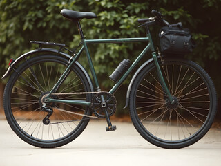 Fototapeta premium A dark green bicycle with detailed wheels, chain and seat gives a sense of adventure and movement.
