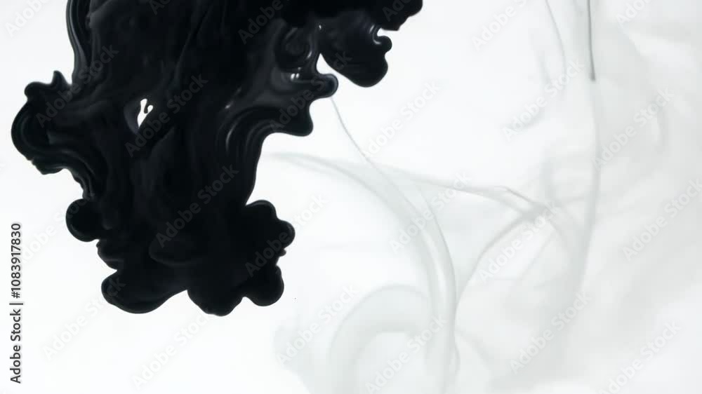 Poster vertical whip pan video of black ink drops exploding against a white surface, creating unique abstra