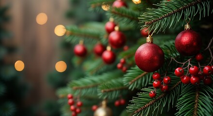 Obraz premium Christmas tree branches with red berries, ornaments. Festive holiday background. Evergreen boughs with decorations. Holiday season image. Beautiful seasonal display. Festive, merry. Christmas charm.