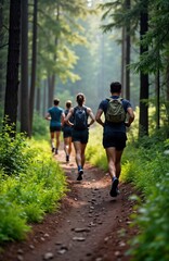 Obraz premium Group of runners jogging on forest trail. People wear activewear, backpacks. Sunlight filters through trees. Autumn leaves, foliage surround trail. Healthy active lifestyle outdoors. Scenic nature.