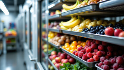 Obraz premium A well-stocked freezer with various fruits on trays ready for freeze drying process.